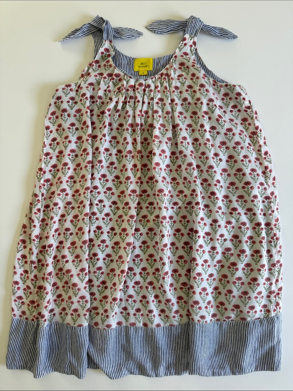 Roller Rabbit White Tank Dress with Red Floral Print and Blue Striped Trim